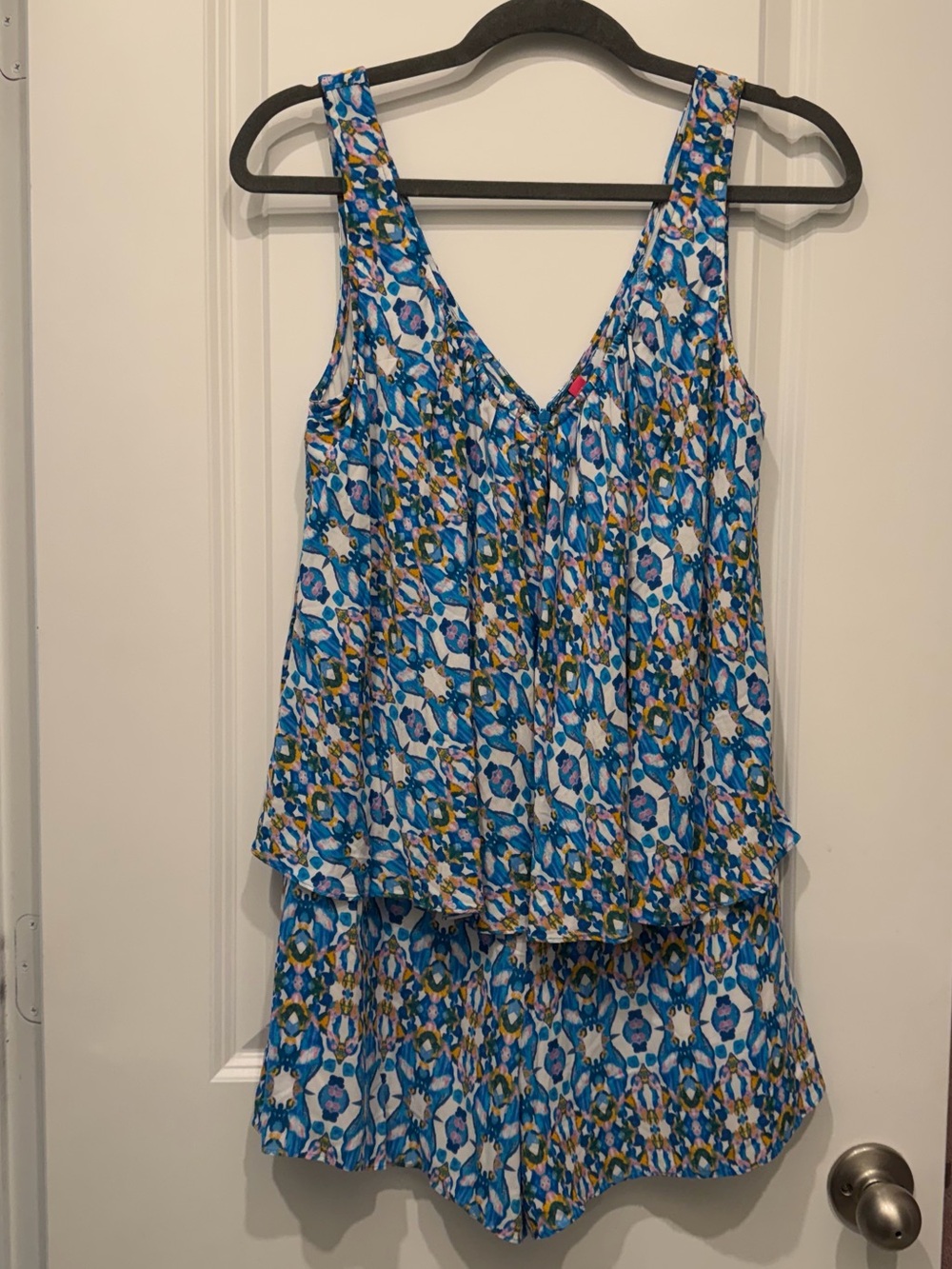 Tracy Reese Blue Floral Tiered V-Neck Romper